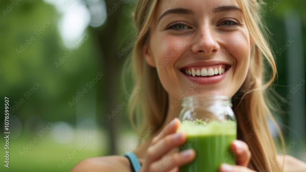 A woman with a bright smile holds a jar of green juice outdoors, surrounded by lush greenery during the day. Her joyful expression reflects the freshness and vitality of her drink as she embraces a he A woman with a bright smile holds a jar of green juice outdoors, surrounded by lush greenery during the day. Her joyful expression reflects the freshness and vitality of her drink as she embraces a he