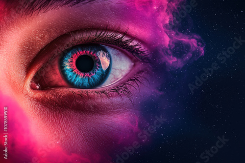 A close-up of a mesmerizing eye with vibrant blue iris, surrounded by cosmic purple clouds, evoking a sense of wonder and mystery.