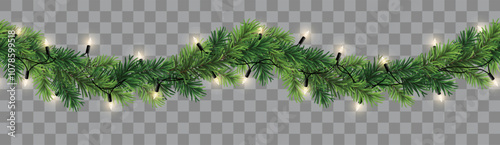 Seamless decorative christmas border with lights garland and coniferous branches isolated on dark background	