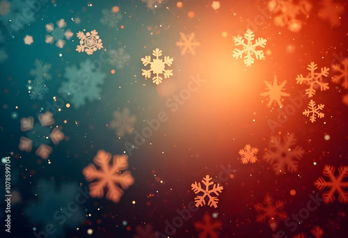 Snowflakes falling in colorful winter background with bokeh effects, creating magical and festive atmosphere. Perfect for holiday themes and seasonal designs