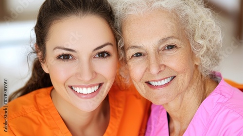 Smiling nurse and elderly woman sharing a joyful moment together