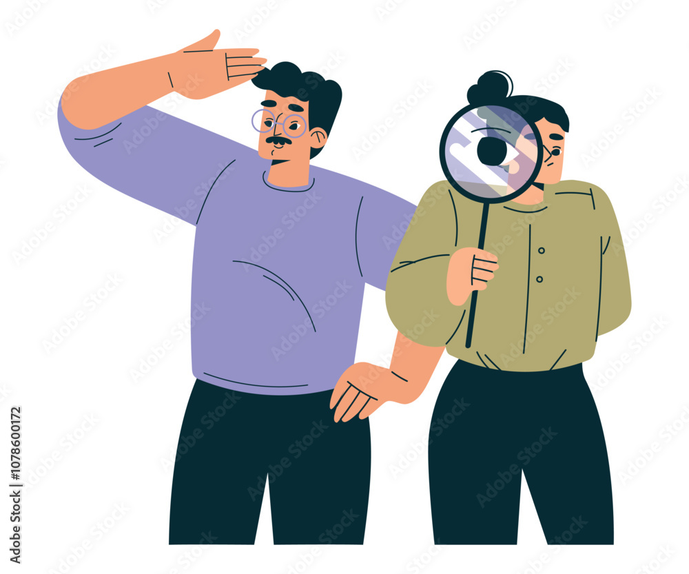Productive Team with Business Man and Woman with Magnifier Work Together Vector Illustration Productive Team with Business Man and Woman with Magnifier Work Together Vector Illustration