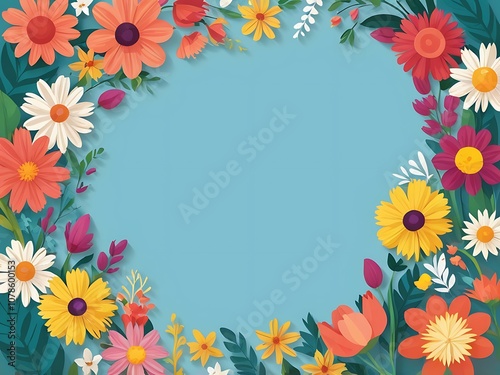 Colorful Paper Flowers Border on Light Blue Background