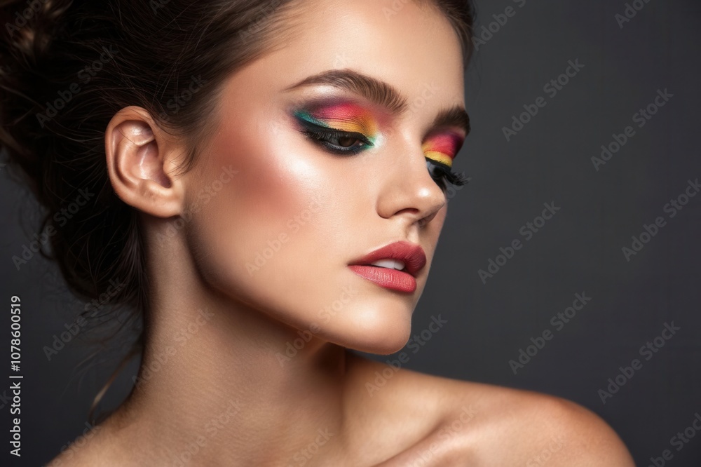 A close up view of a model showcasing stunning makeup with bold, colorful eyeshadow in pink, yellow, and green. The glowing skin highlights her features beautifully against a dark background, enhancin A close up view of a model showcasing stunning makeup with bold, colorful eyeshadow in pink, yellow, and green. The glowing skin highlights her features beautifully against a dark background, enhancin
