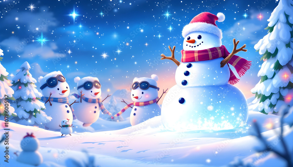 Fototapeta premium whimsical winter scene featuring giant snowman wearing red hat, surrounded by playful snowmen in sunglasses. snowy landscape sparkles under starry sky, creating magical holiday atmosphere
