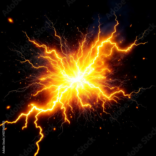 Bright, fiery yellow lightning energy burst with a dynamic, explosive appearance against a black background.