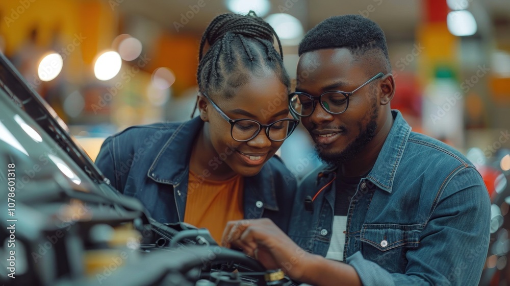 A young African American couple examining features of an electric car in an automotive showroom A young African American couple examining features of an electric car in an automotive showroom