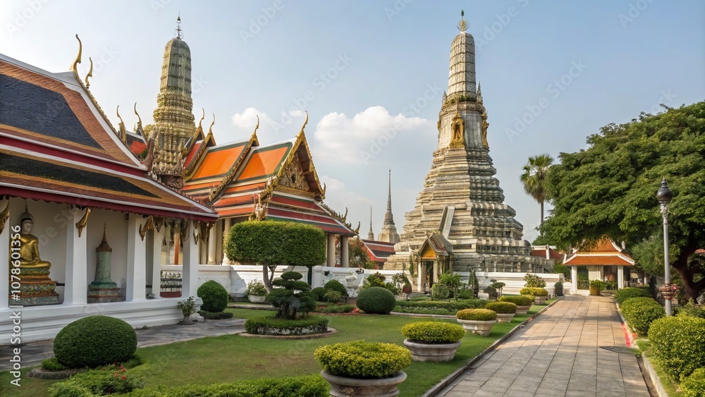Naklejka premium Stunning Product Photography of Bangkok's Ancient City Landmarks Capturing the Rich Culture and Architectural Beauty of Thailand's Historical Heritage Sites
