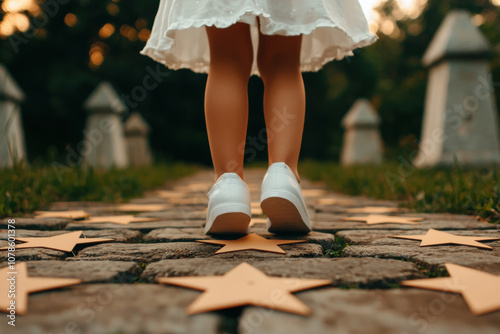 A child walks barefoot on a stone pathway adorned with golden stars, surrounded by lush greenery and soft evening light. photo