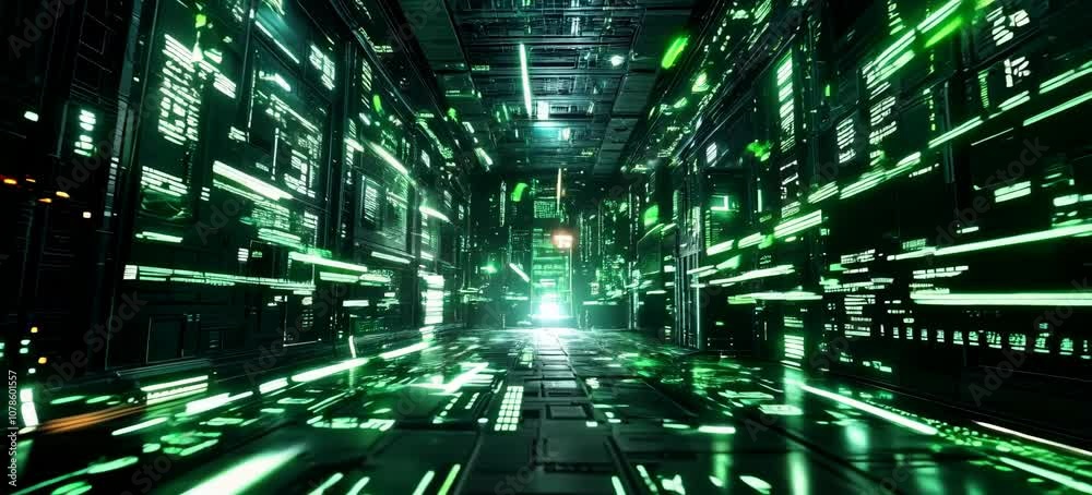 Green matrix virtual digital space portal technology background. Generative video AI technology.
Green matrix virtual digital space portal technology background. Generative video AI technology.