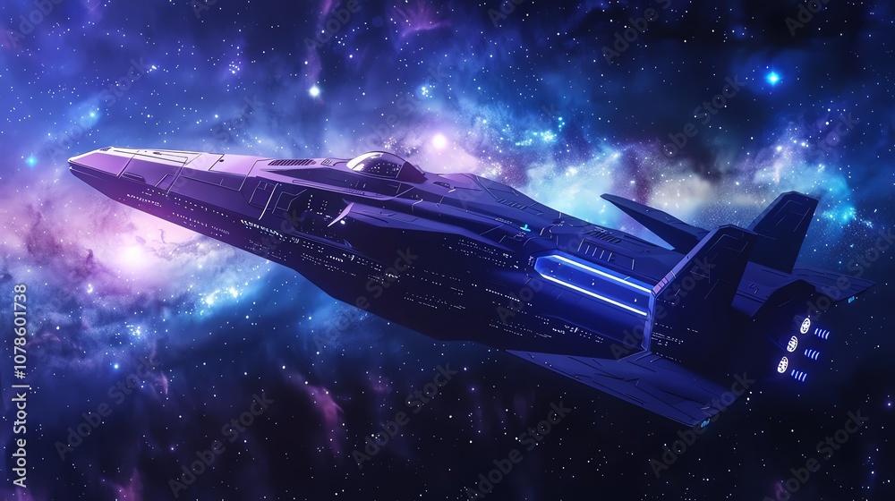A spaceship flying through a starry space, with nebulas. A spaceship flying through a starry space, with nebulas.