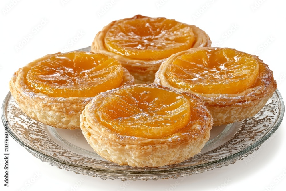 Golden Portuguese custard tarts served on a crystal glass plate highlighting flaky pastry layers and creamy custard filling with a traditional and elegant presentation Golden Portuguese custard tarts served on a crystal glass plate highlighting flaky pastry layers and creamy custard filling with a traditional and elegant presentation