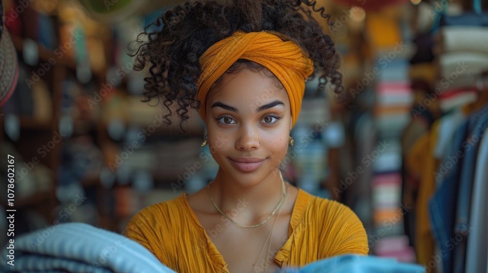 Fototapeta premium A young African American female customer browsing clothes on a rack in a brightly lit boutique