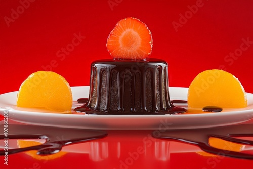 Chocolate lava cake with a molten center served with orange sorbet and fresh strawberries on a red backdrop creating a vibrant and indulgent dessert scene photo