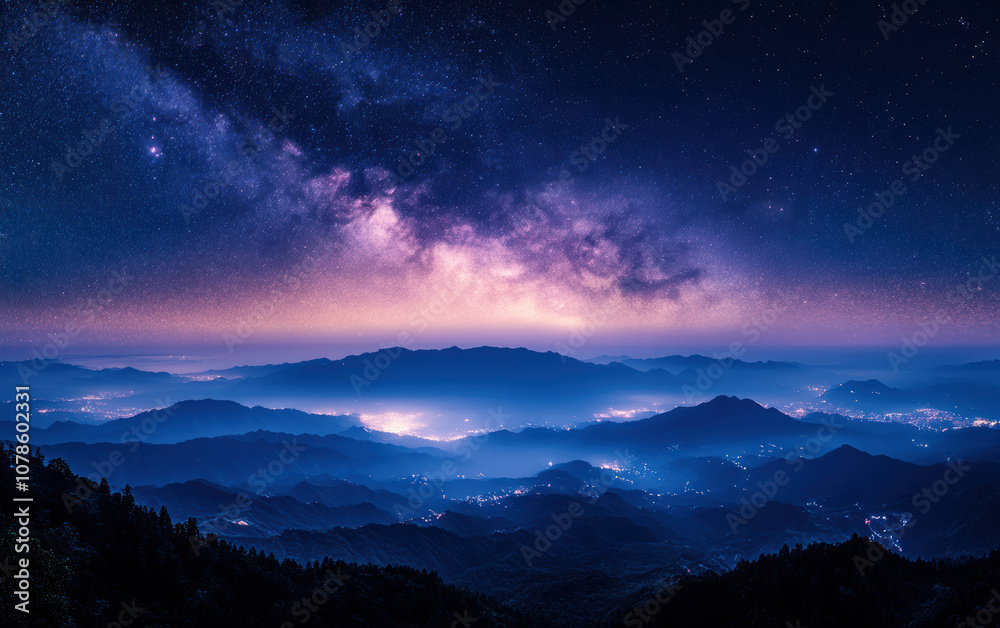 Naklejka premium A breathtaking starry night sky over a mountainous landscape, illuminated by a stunning galaxy and city lights in the distance.