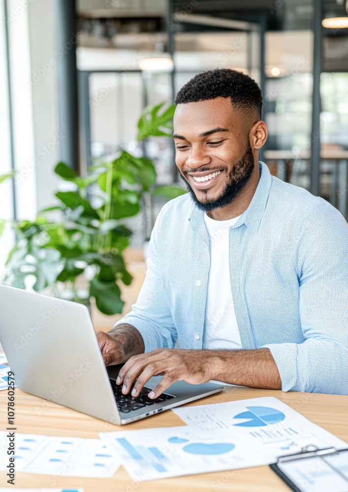 A man is sitting at a desk with a laptop and smiling A man is sitting at a desk with a laptop and smiling