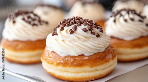 Decadent doughnuts topped with whipped cream and chocolate chips, symbolizing Hanukkah's festive and indulgent traditions. photo