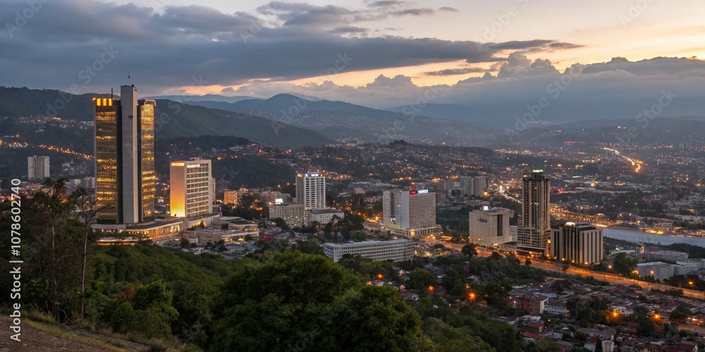 Fototapeta premium Stunning Tegucigalpa Skyline at Dusk: A Fashion Photography Perspective Showcasing Urban Style and Contemporary Trends in the Vibrant Heart of Honduras