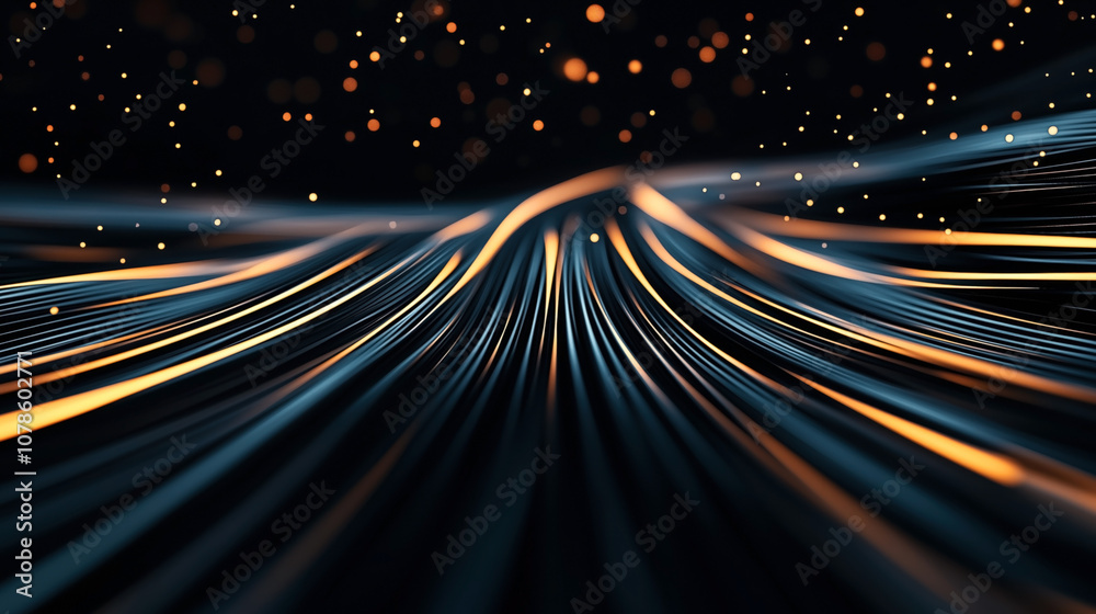 Obraz premium Abstract background featuring dynamic flowing lines with glowing orange light effects and bokeh particles on a dark backdrop, conveying a sense of motion and energy.