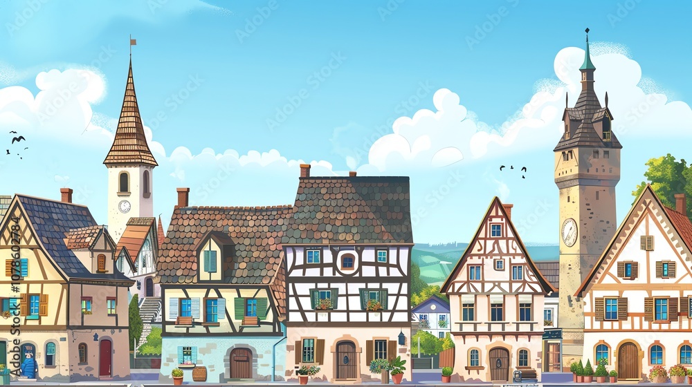 Obraz premium A cartoon illustration of a village with colorful houses and a clock tower.