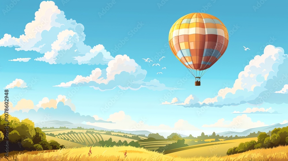Fototapeta premium A hot air balloon floats above a sunny, rolling field.