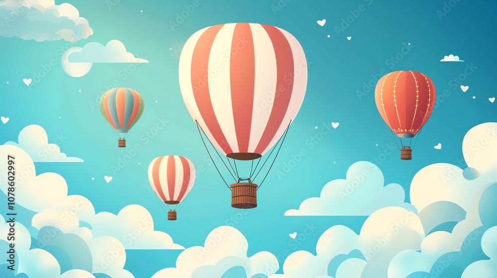 Fototapeta premium Four hot air balloons floating in the sky above fluffy white clouds.