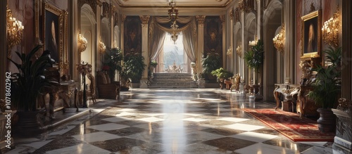 Sunbeams illuminate the grand, ornate hallway of a luxurious mansion, featuring checkered marble floors, ornate furniture, potted plants, and paintings on the walls.