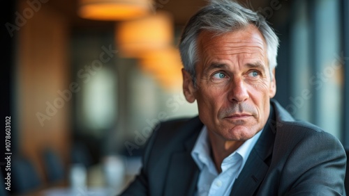 A professional man in a suit gazes thoughtfully out of a large window in a contemporary office setting. Soft lighting and elegant decor enhance the ambiance, reflecting his serious demeanor and focus 