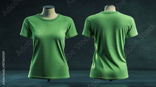 A form-fitting green T-shirt is perfectly showcased on a mannequin. The image presents both front and back views, emphasizing its sleek design and fit. photo