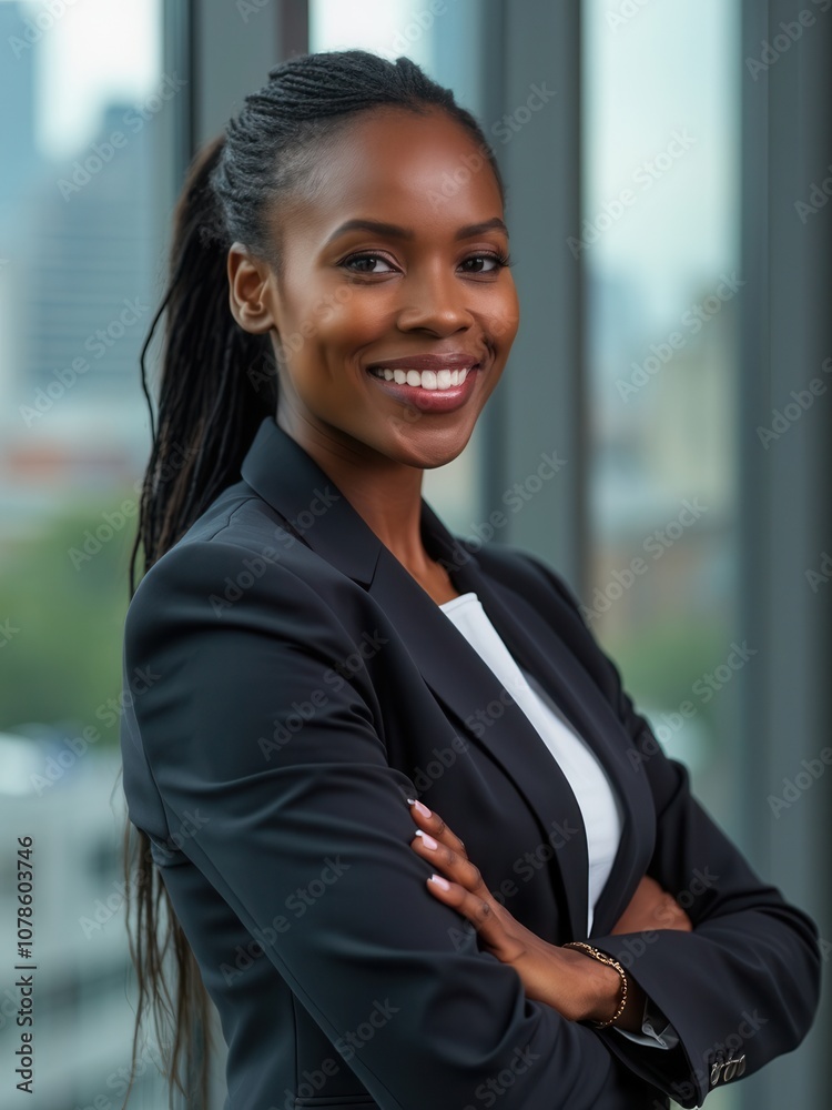A confident woman wearing a black blazer stands with arms crossed in a modern office space. Natural light fills the room, highlighting her bright smile and professional demeanor amidst a vibrant city A confident woman wearing a black blazer stands with arms crossed in a modern office space. Natural light fills the room, highlighting her bright smile and professional demeanor amidst a vibrant city