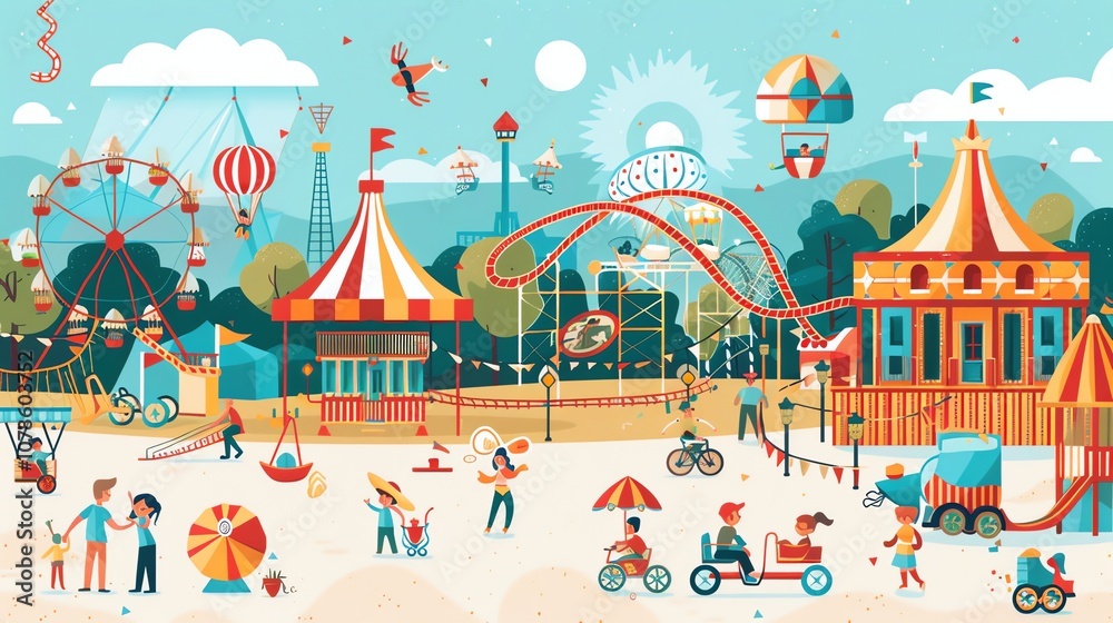 Obraz premium A colorful illustration of a busy carnival or amusement park.