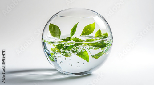 A glass sphere with green leaves floating in water