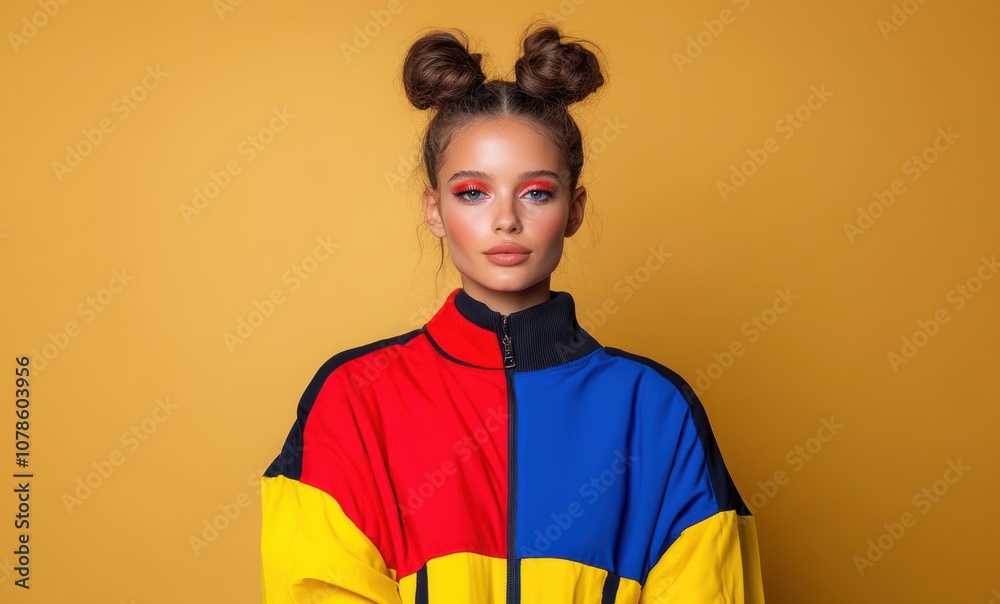 A young woman stands confidently against a vibrant yellow background, showcasing colorful, contemporary fashion. A young woman stands confidently against a vibrant yellow background, showcasing colorful, contemporary fashion.