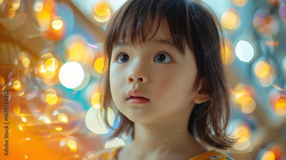 Surrounded by dynamic backgrounds, a curious Asian child's inquisitive expression reveals her insatiable thirst for knowledge and discovery Surrounded by dynamic backgrounds, a curious Asian child's inquisitive expression reveals her insatiable thirst for knowledge and discovery