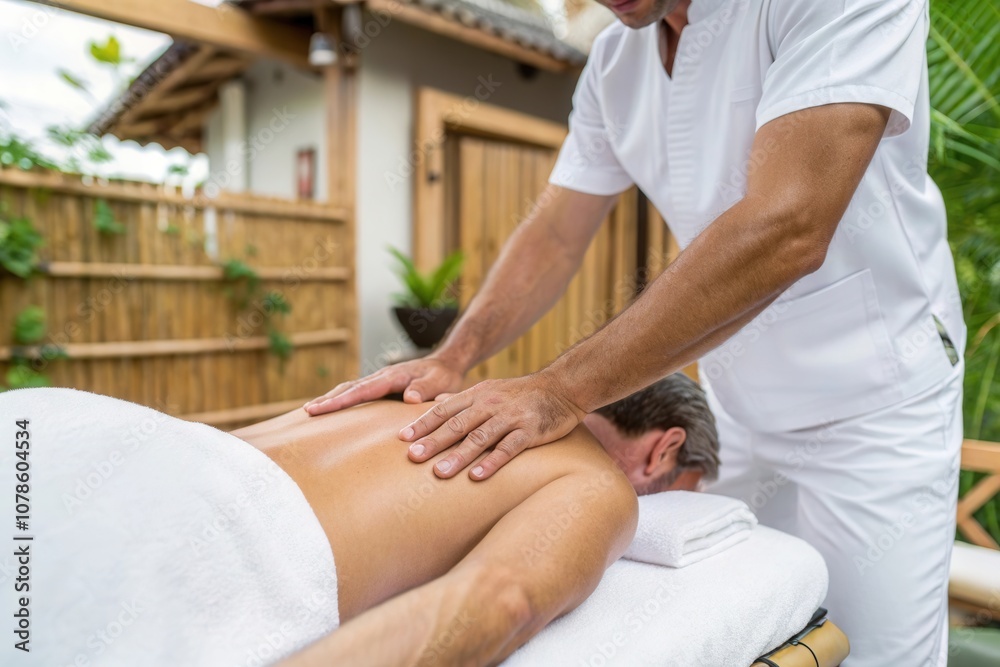 Obraz premium A skilled therapist provides a soothing massage to a client at an outdoor spa. The serene setting features lush greenery and a bamboo fence, creating a peaceful atmosphere for relaxation and stress re
