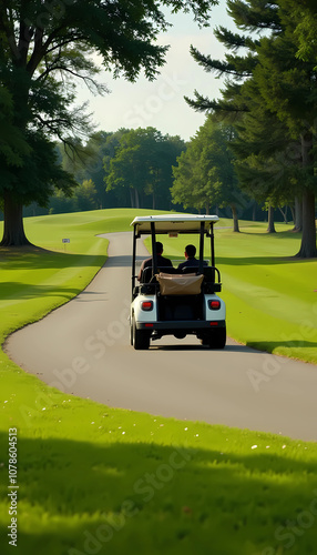 Golf cart driving on path through scenic golf course