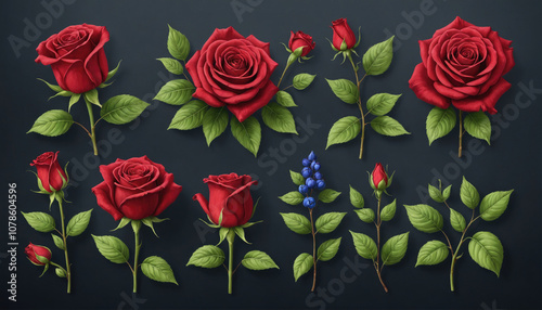 A collection of red roses, buds, and greenery arranged on a dark background
