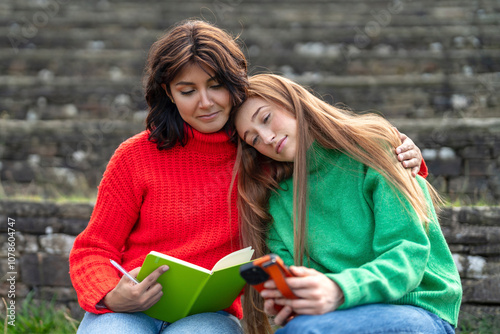 Two friends reading and sharing moments together outdoors on a sunny day in a park photo