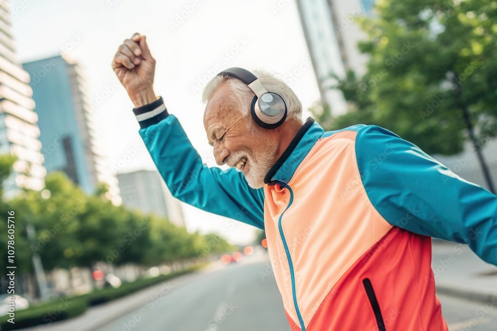 Naklejka premium An elderly man in a colorful jacket is joyfully dancing down a city street while wearing headphones. He is clearly enjoying his music and the vibrant urban environment around him.