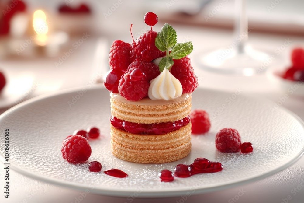 Mini raspberry pancake stack with whipped cream and fresh mint garnish served on a white plate for a vibrant and elegant dessert perfect for festive celebrations Mini raspberry pancake stack with whipped cream and fresh mint garnish served on a white plate for a vibrant and elegant dessert perfect for festive celebrations