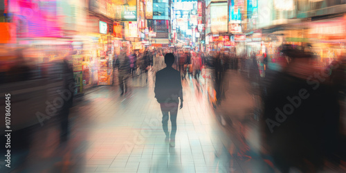 A person walking through a bustling street, but they are ghostly and transparent photo