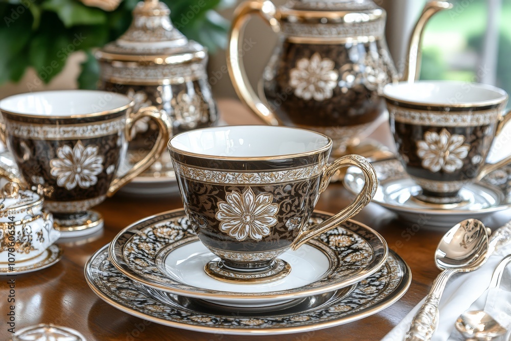 Luxurious coffee and tea set with silver floral cups and saucers arranged on a polished wooden table for a sophisticated dining setup with vintage charm Luxurious coffee and tea set with silver floral cups and saucers arranged on a polished wooden table for a sophisticated dining setup with vintage charm