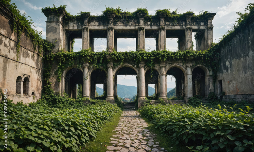 Obraz premium A stone path leads through a overgrown, abandoned structure with a view of mountains in the distance