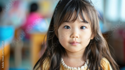 Surrounded by dynamic backgrounds, a curious Asian child's inquisitive expression reveals her insatiable thirst for knowledge and discovery