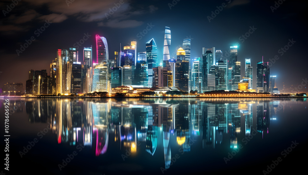 Modern cityscape at night with illuminated skyscrapers and waterfront reflections
