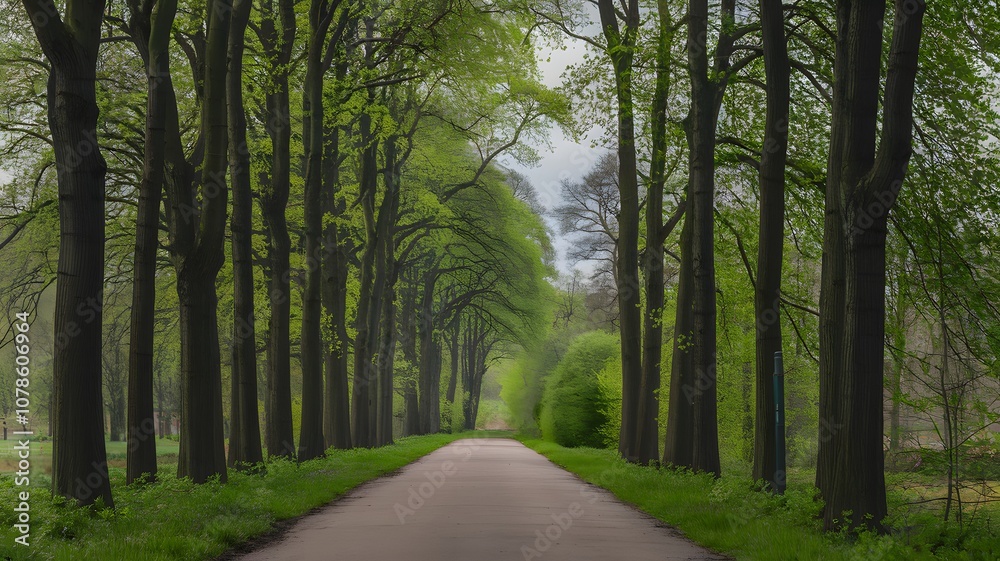 Obraz premium A photo of Walkway in a green spring beech forest in Leuven, Belgium. Beautiful natural tunnel. Atmospheric landscape. Eco tourism, travel destinations, environmental conservation, pure nature