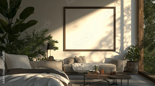 Poster Mockup im modernen Wohnzimmer – fotorealistisches 3D-Rendering für Bildplatzierung