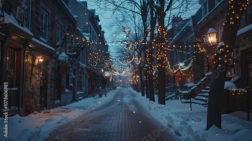the main street in old town Quelle, Montreal at Christmas time with snow on the ground 