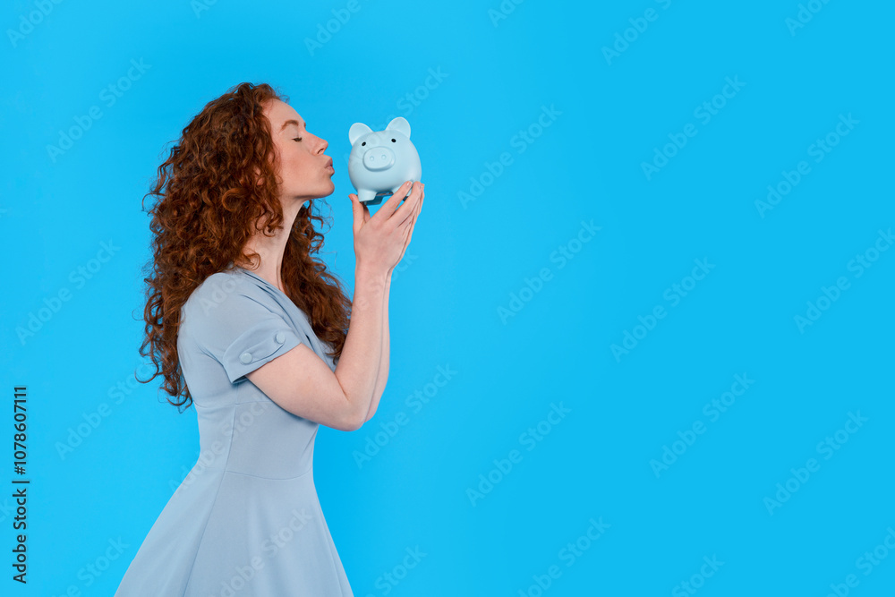 Woman in a light dress kisses a blue piggy bank against a bright blue background Woman in a light dress kisses a blue piggy bank against a bright blue background