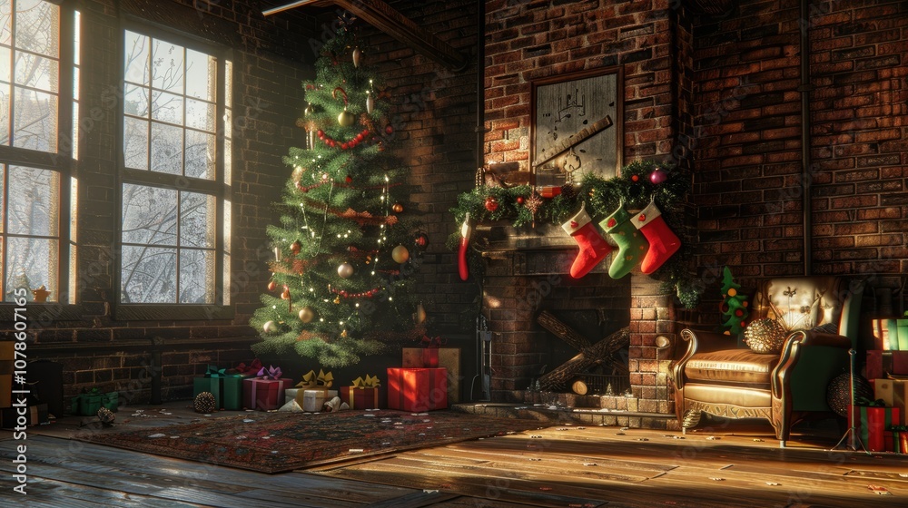 A realistic Christmas room with brick walls, wooden floors A realistic Christmas room with brick walls, wooden floors